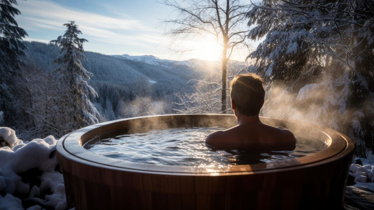 Person soaking in an outdoor wooden hot tub surrounded by snowy mountains at sunrise